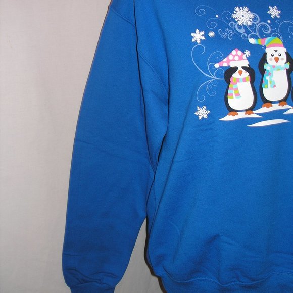 New Women's Small Jerzees Blue Fleece Sweatshirt Screen Printed Penguins - Picture 8 of 13
